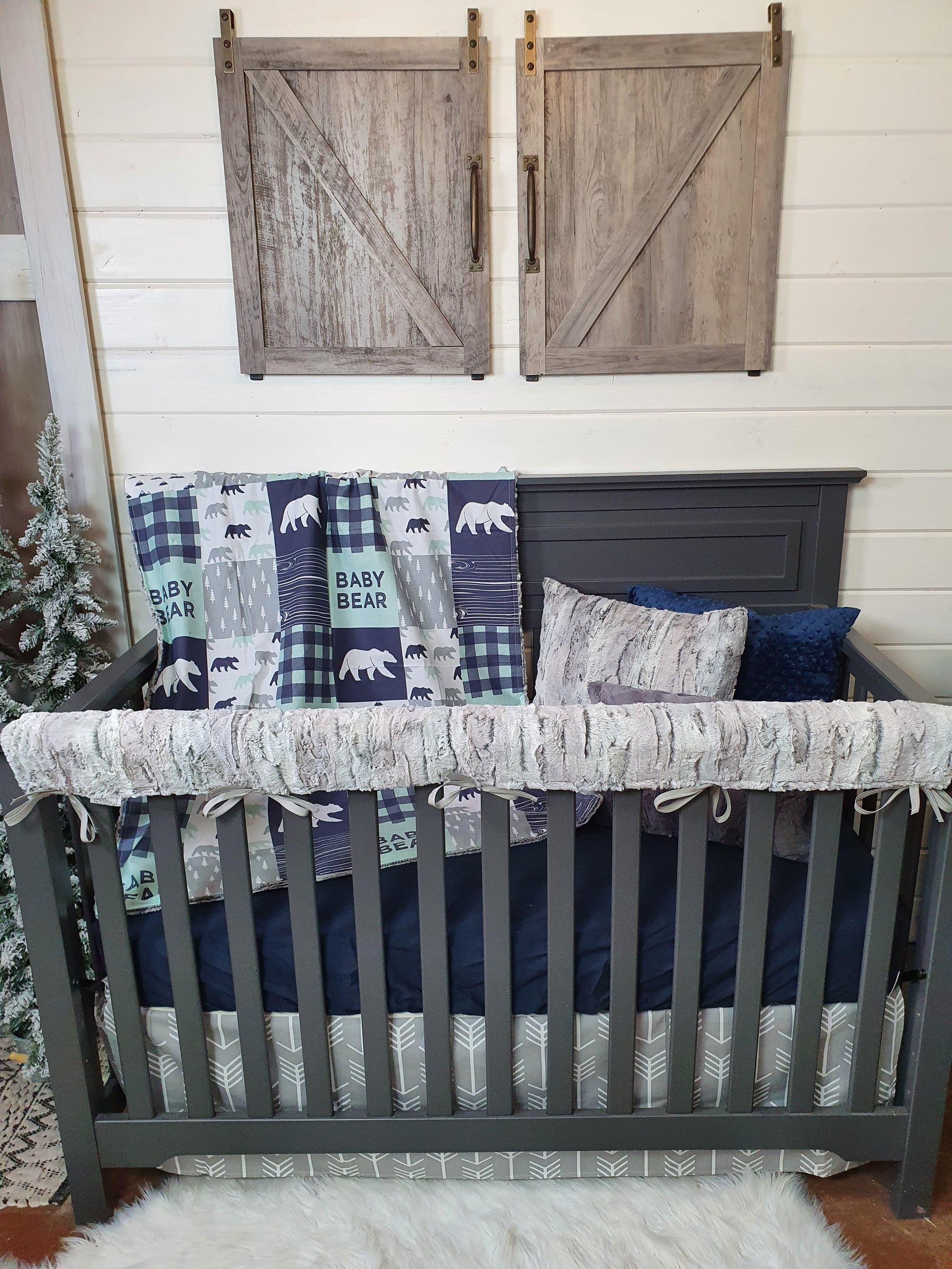 New Release Boy Crib Bedding- Baby Bear and Silver Fox Minky Woodland Baby Bedding Collection - DBC Baby Bedding Co 