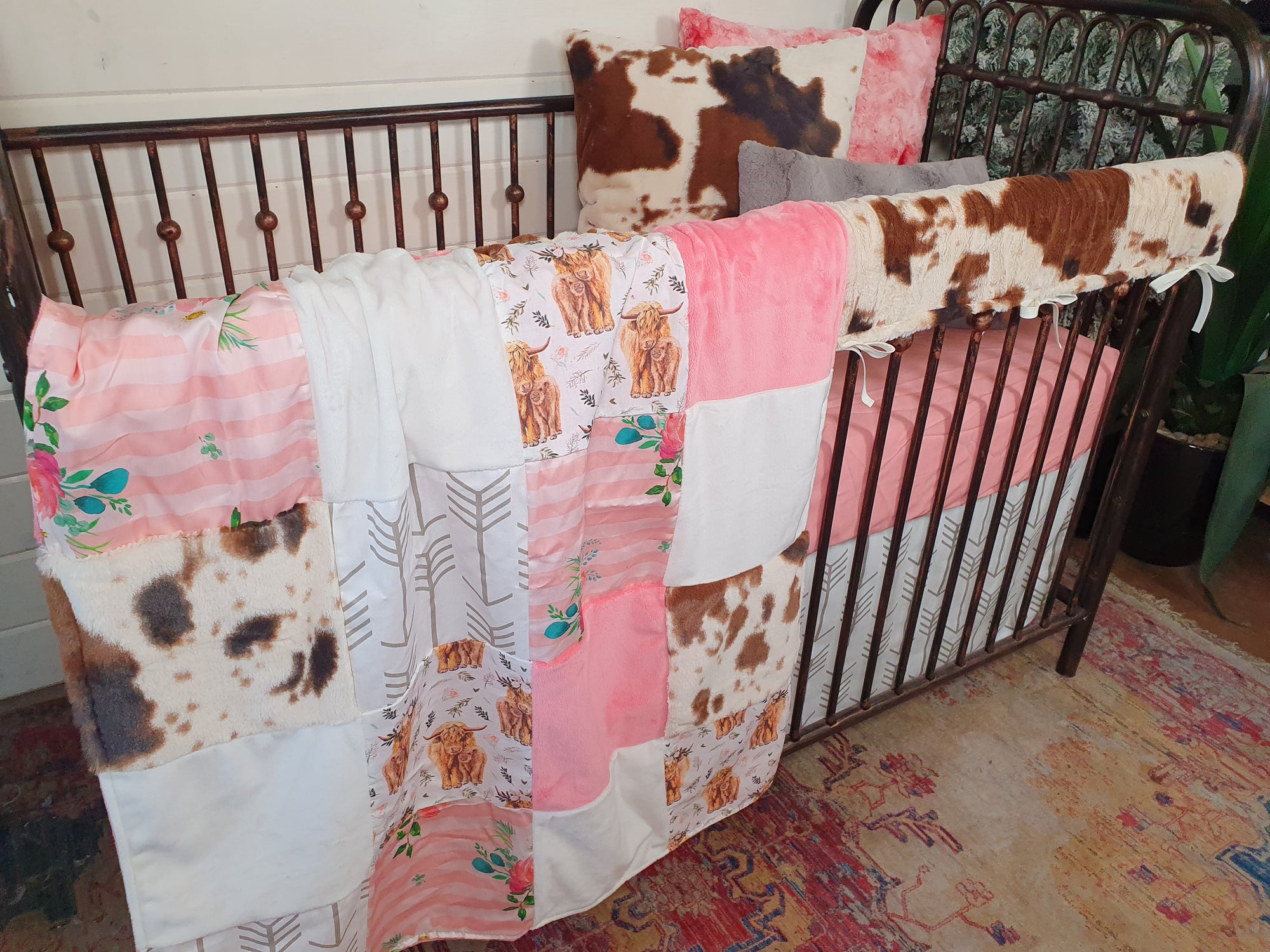 New Release Girl Crib Bedding- Floral Highland Cows Baby Bedding Collection - DBC Baby Bedding Co 