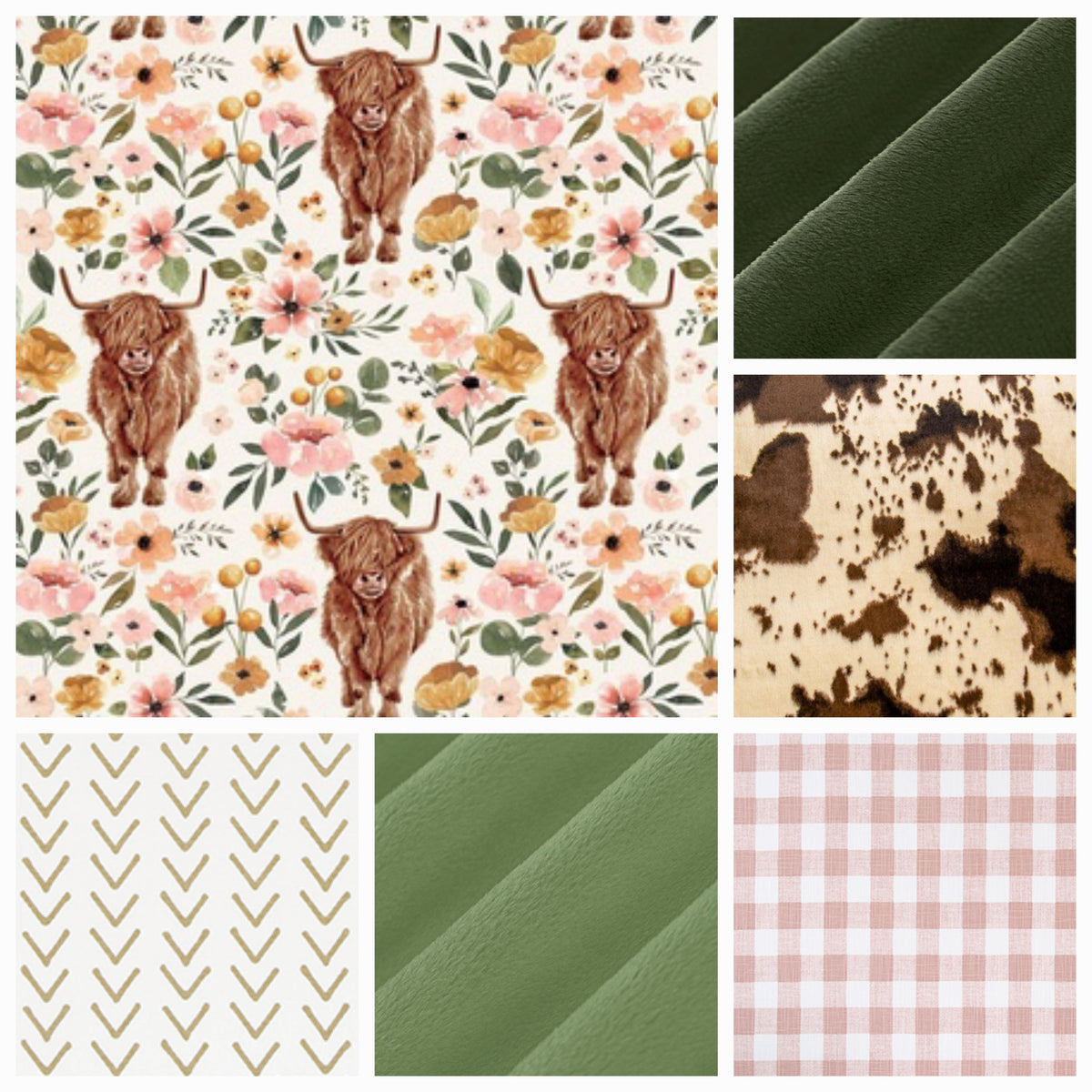 New Release Girl Crib Bedding- Floral Highland Cows and Rose Gold Check Baby Bedding Collection - DBC Baby Bedding Co 