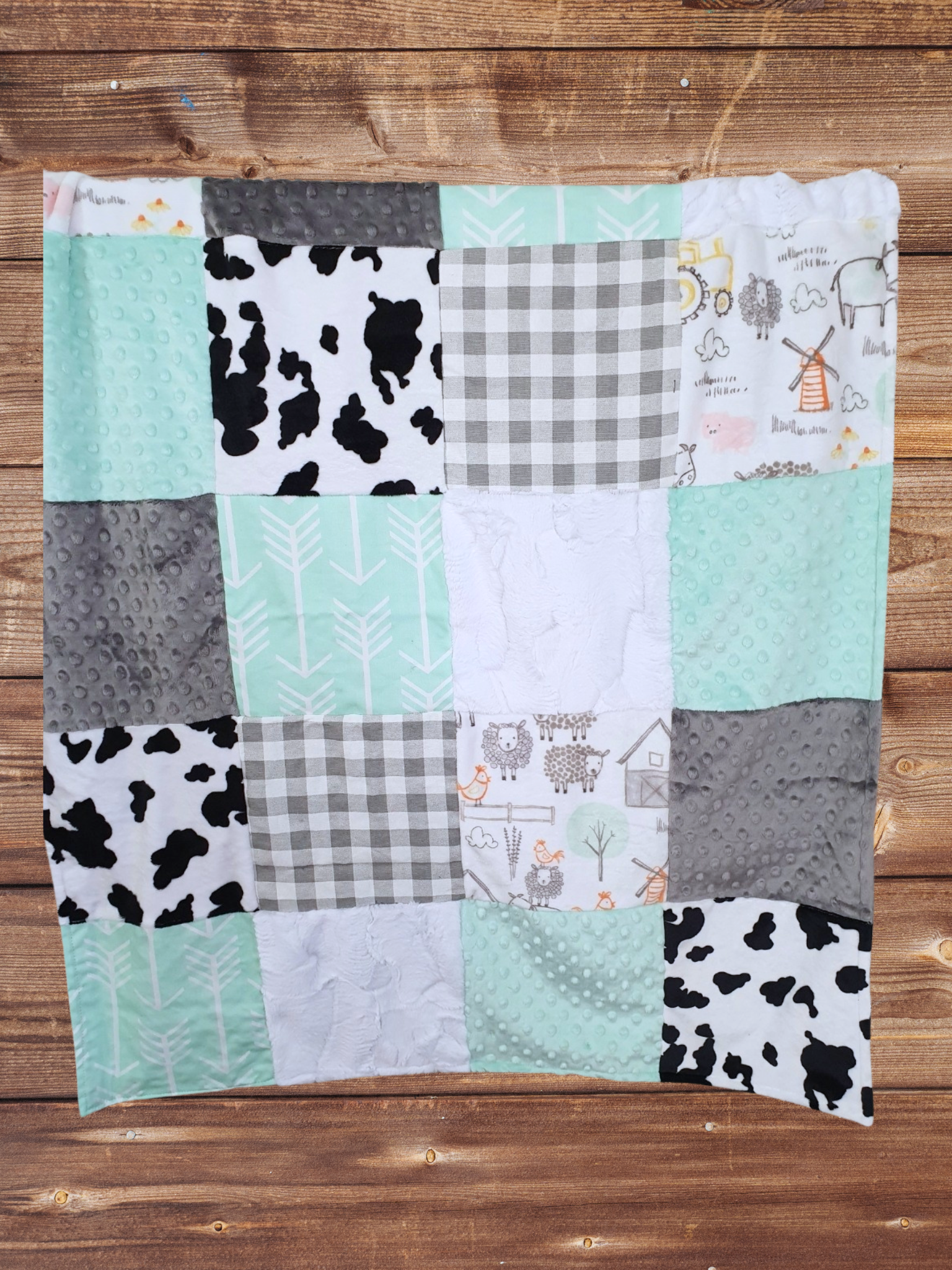 Patchwork Blanket - Farm Animal Minky and Black White Cow Print Farm Blanket - DBC Baby Bedding Co 
