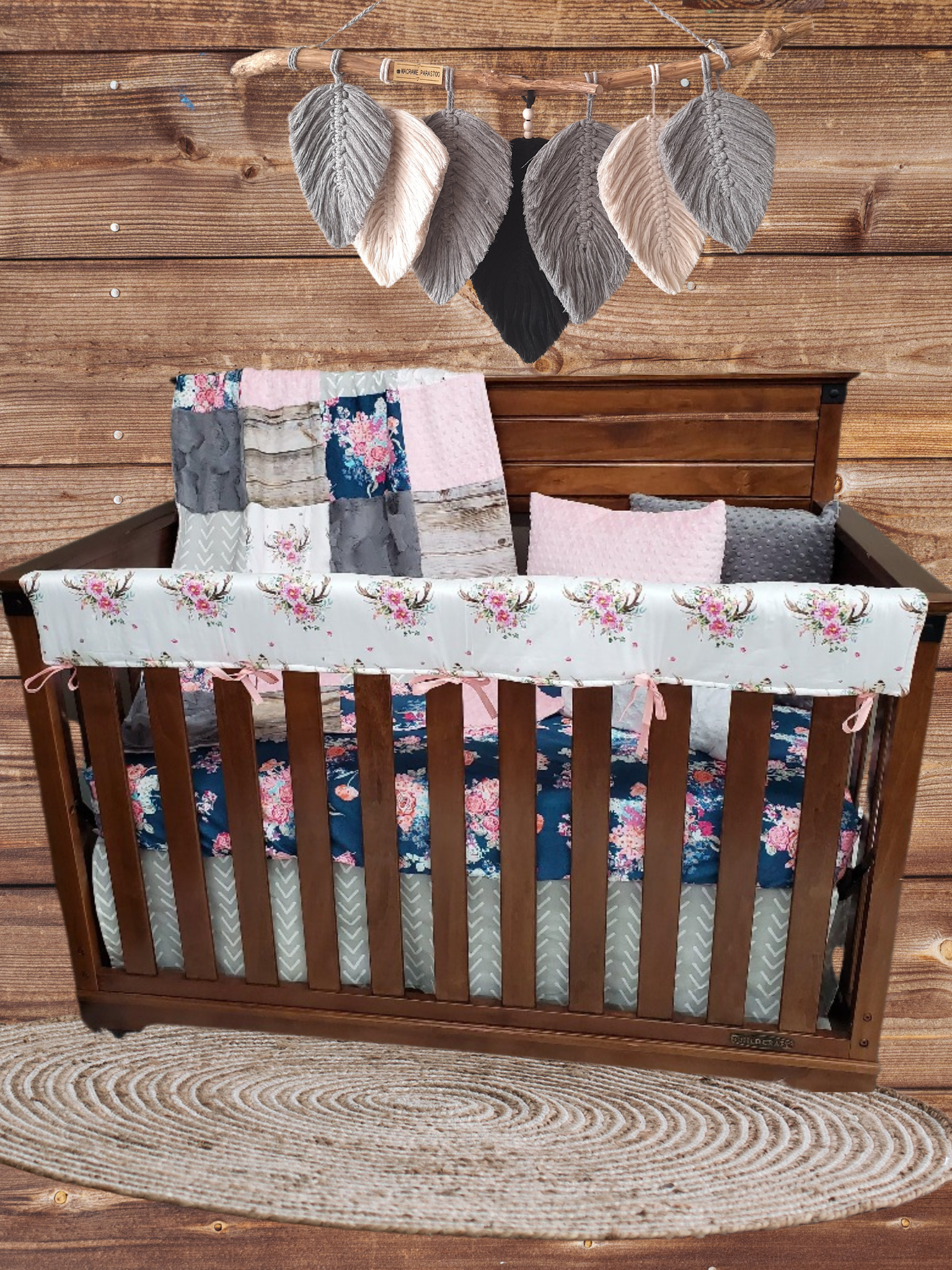 Custom Girl Crib Bedding Antler and Navy Coral Floral Woodland Baby Bedding Nursery Collection 3pc Crib Bedding Set