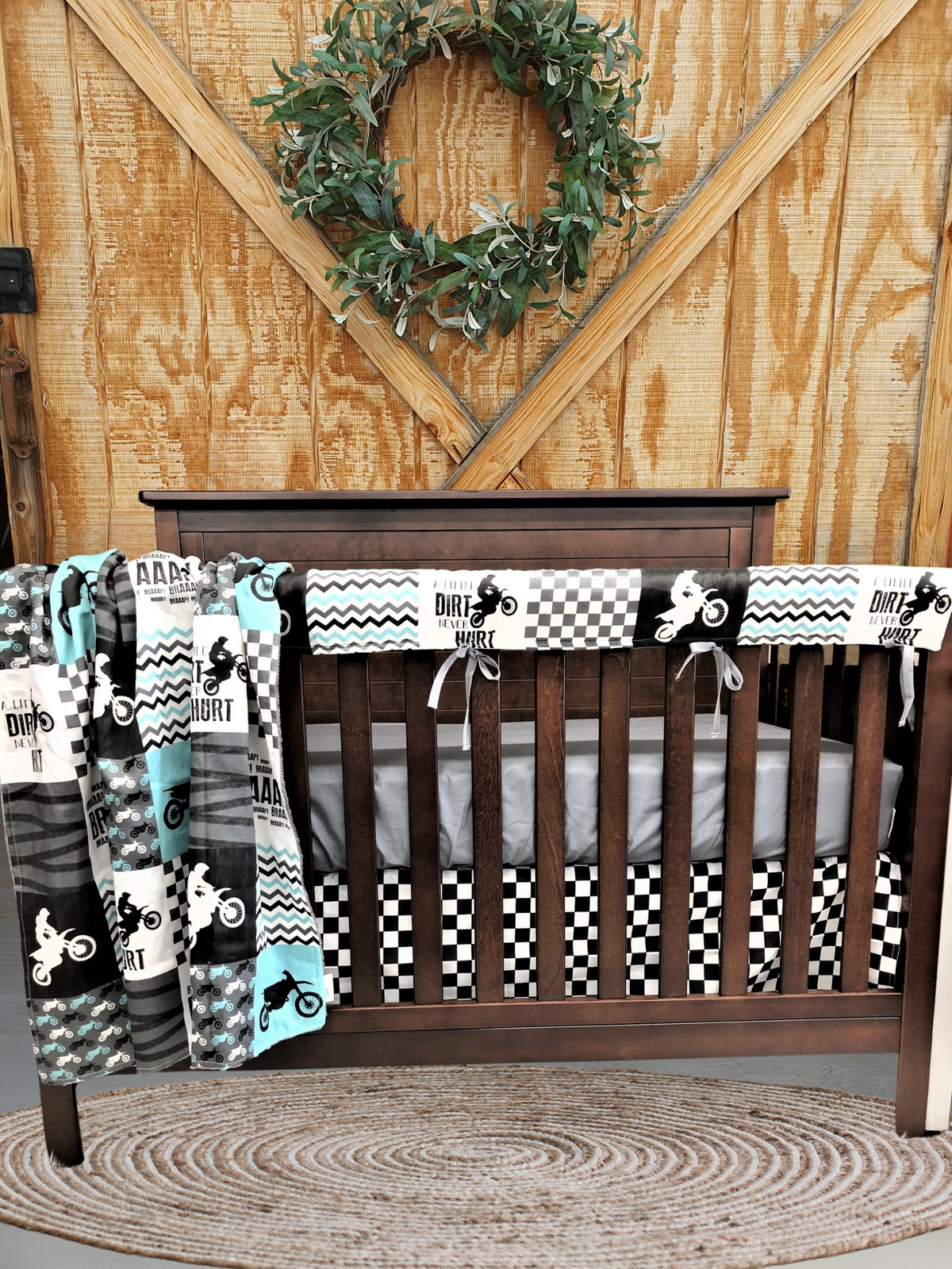 Custom Boy Crib Bedding - Dirt Bike, Race Flag Check, Motocross Baby Bedding &amp; Nursery Collection - DBC Baby Bedding Co 