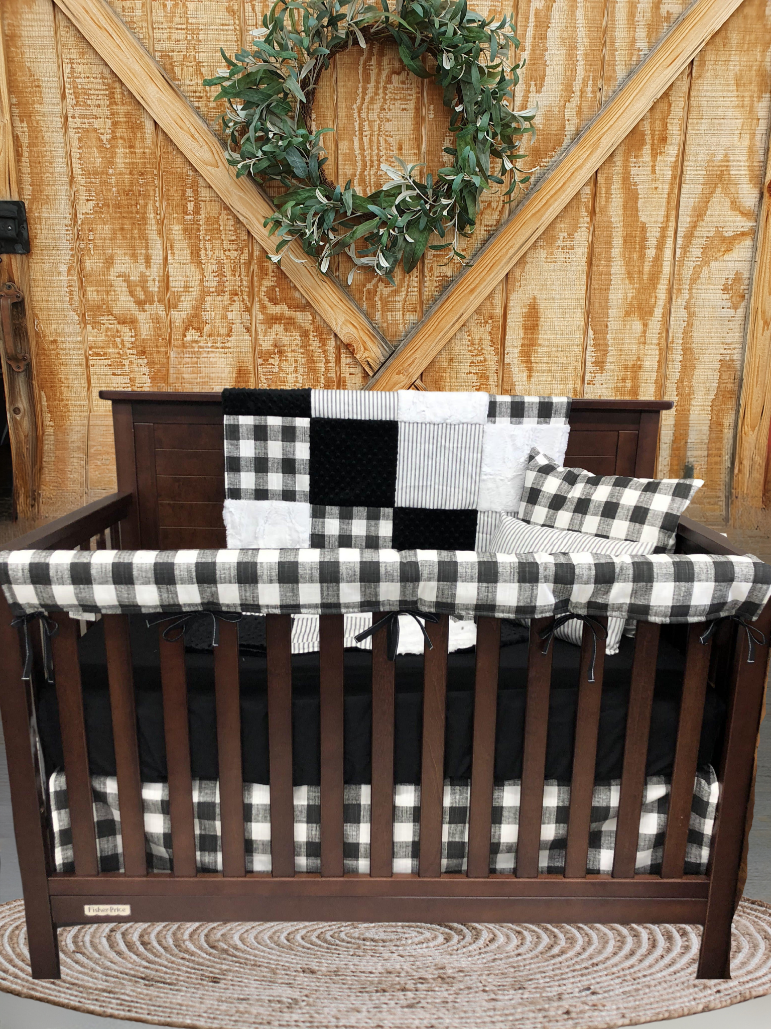 Neutral Crib Bedding- Black Buffalo Check and Ticking Stripe Farmhouse Baby Bedding Collection - DBC Baby Bedding Co 