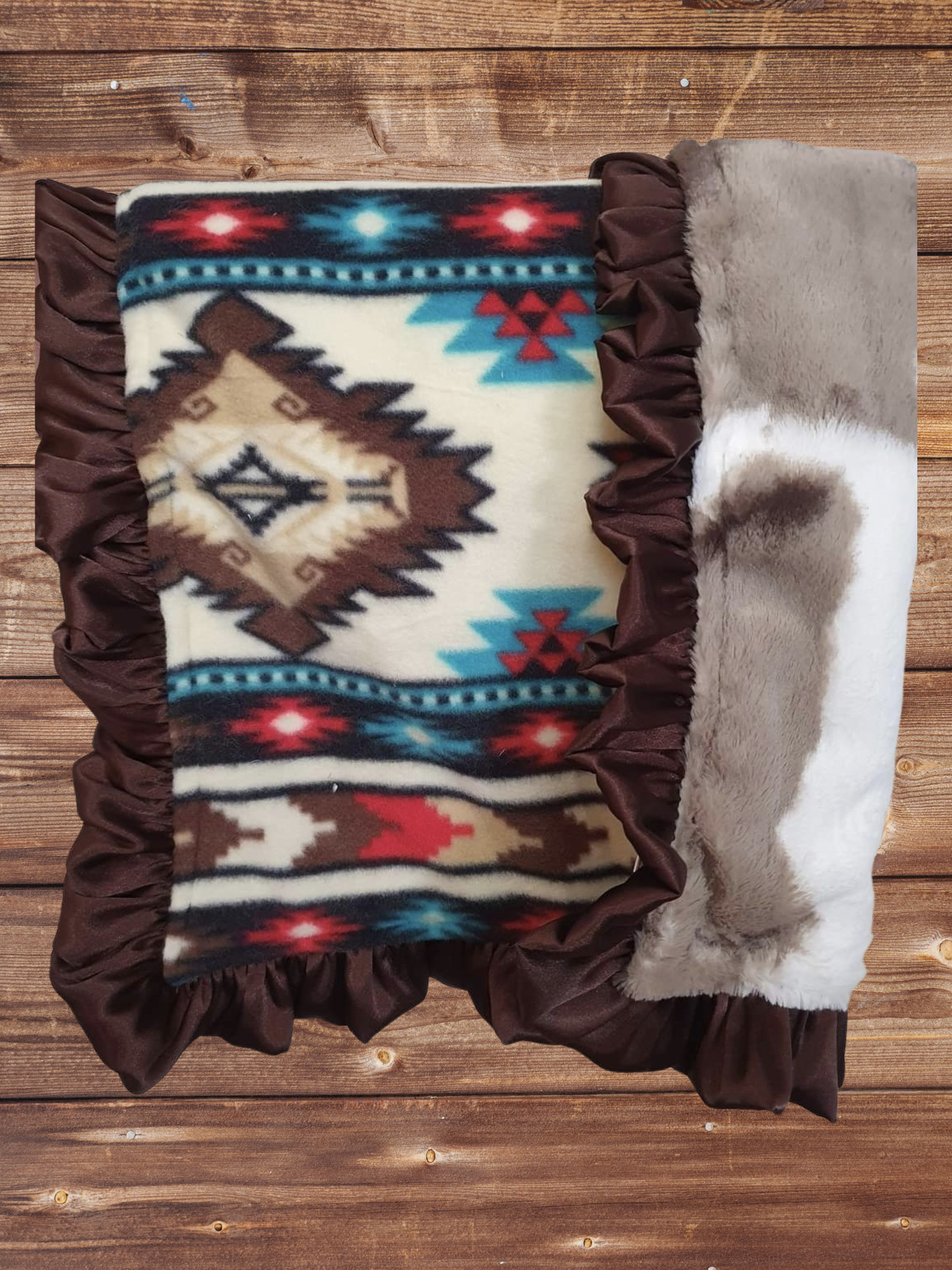 Ruffle Baby Blanket - Cream Aztec and Brown Sugar Cow Minky Western Blanket - DBC Baby Bedding Co 