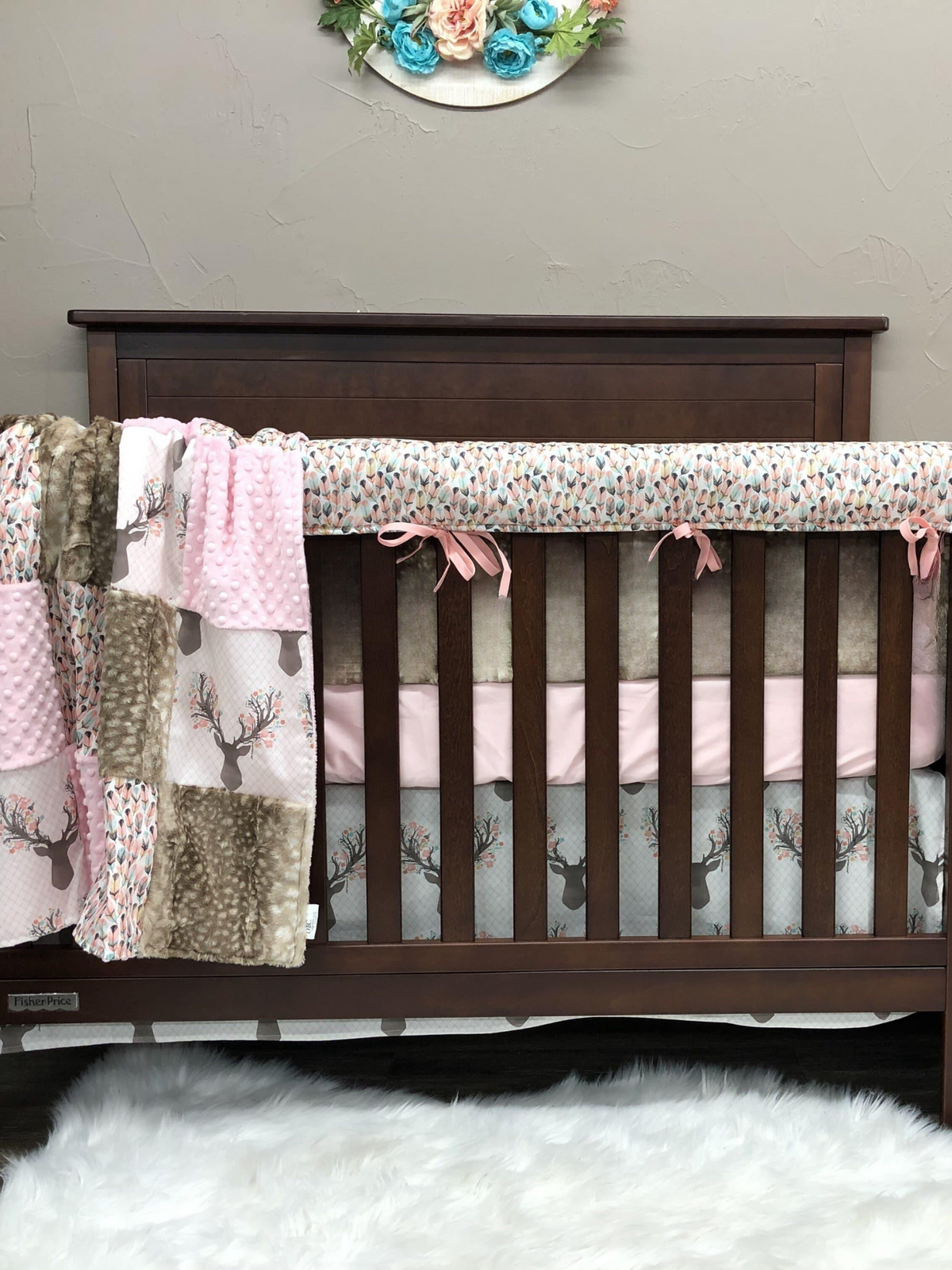 New Release Girl Crib Bedding - Tulip Fawn and Feather Woodland Nursery Collection - DBC Baby Bedding Co 