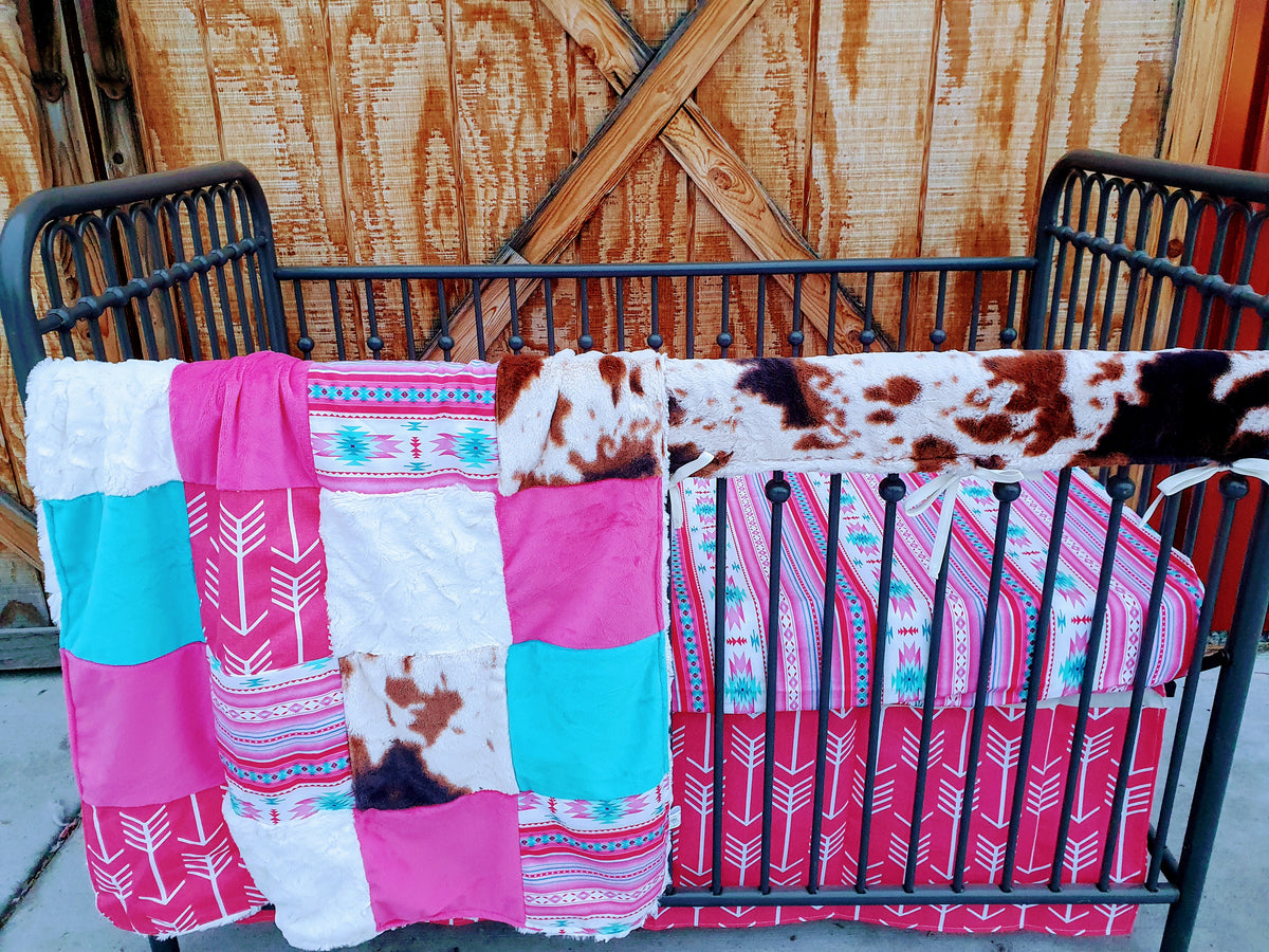 Girl Crib Bedding- Pink Aztec, Cow Minky Western Bedding and Nursery Collection - DBC Baby Bedding Co 