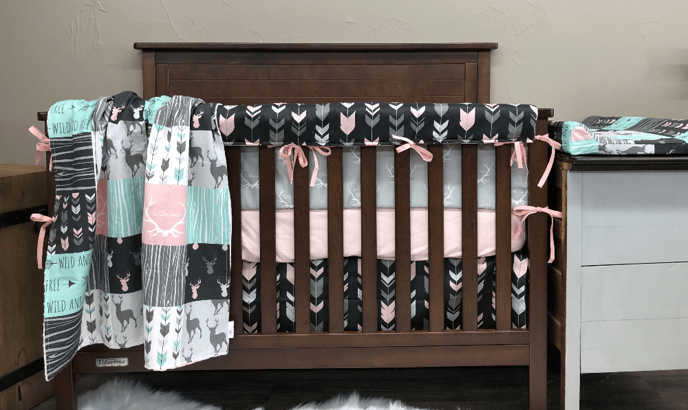 Custom Girl Crib Bedding - Little One Antlers, Wild and Free Woodland Baby Bedding Collection - DBC Baby Bedding Co 