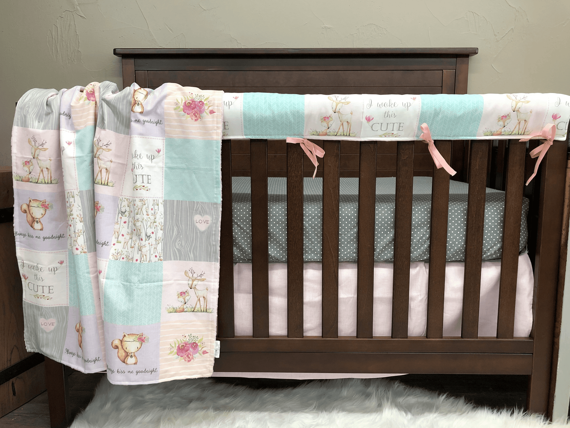 Custom Girl Crib Bedding - Deer, Fox Woodland Baby Bedding Collection - DBC Baby Bedding Co 