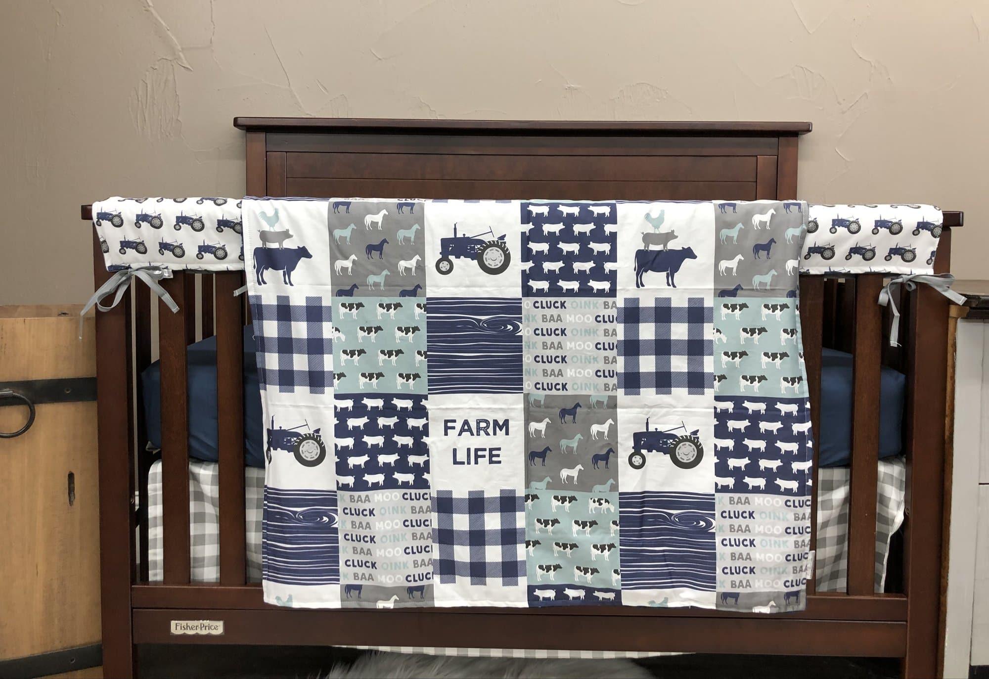 Custom Boy Crib Bedding - Navy Farm Life and Tractor Farm Baby Bedding Collection - DBC Baby Bedding Co 