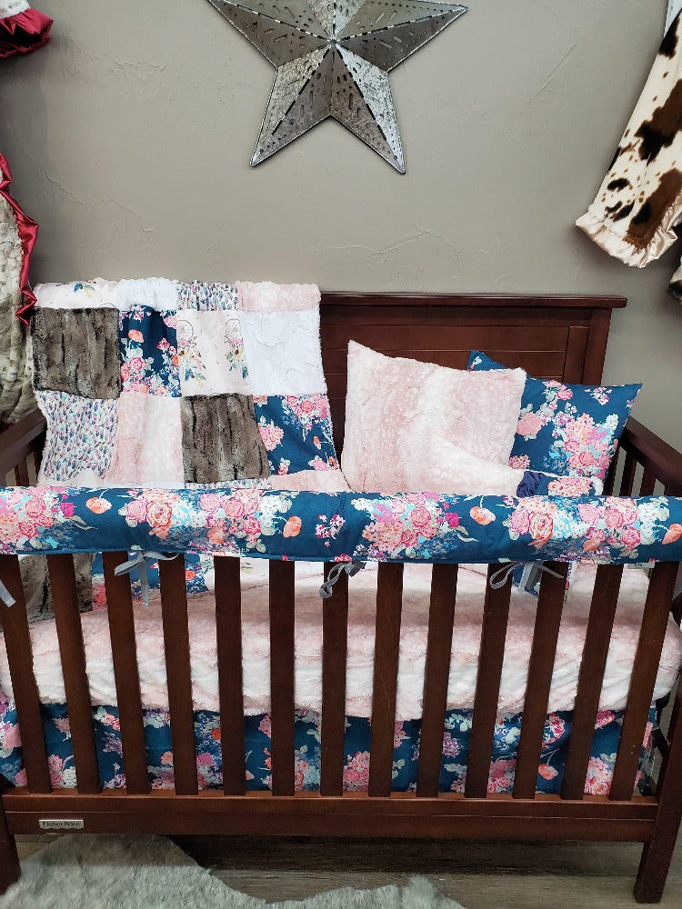 Custom Girl Crib Bedding Boho and Navy Floral Baby Toddler Bedding Collection 3pc set