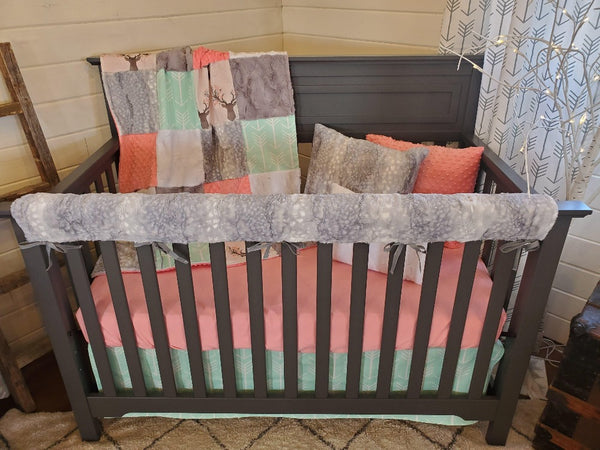 Grey, Coral and Mint Woodland Arrow 4 Piece Girls Crib Bed Bedding