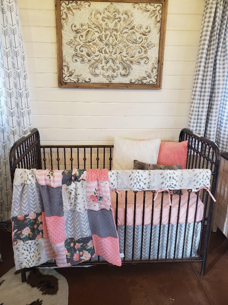 Custom Girl Crib Bedding - Floral Stripe and Snow Leopard Minky Floral Nursery Collection - DBC Baby Bedding Co 