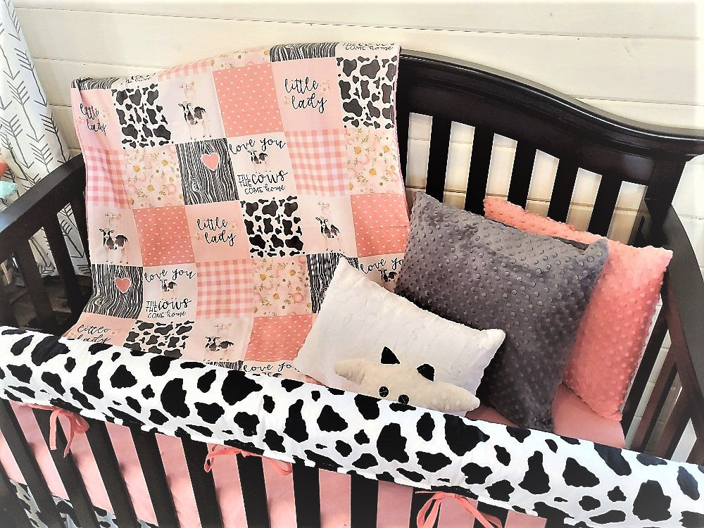 Custom Girl Crib Bedding - Coral Cows Come Home Farm Baby Bedding Collection - DBC Baby Bedding Co 