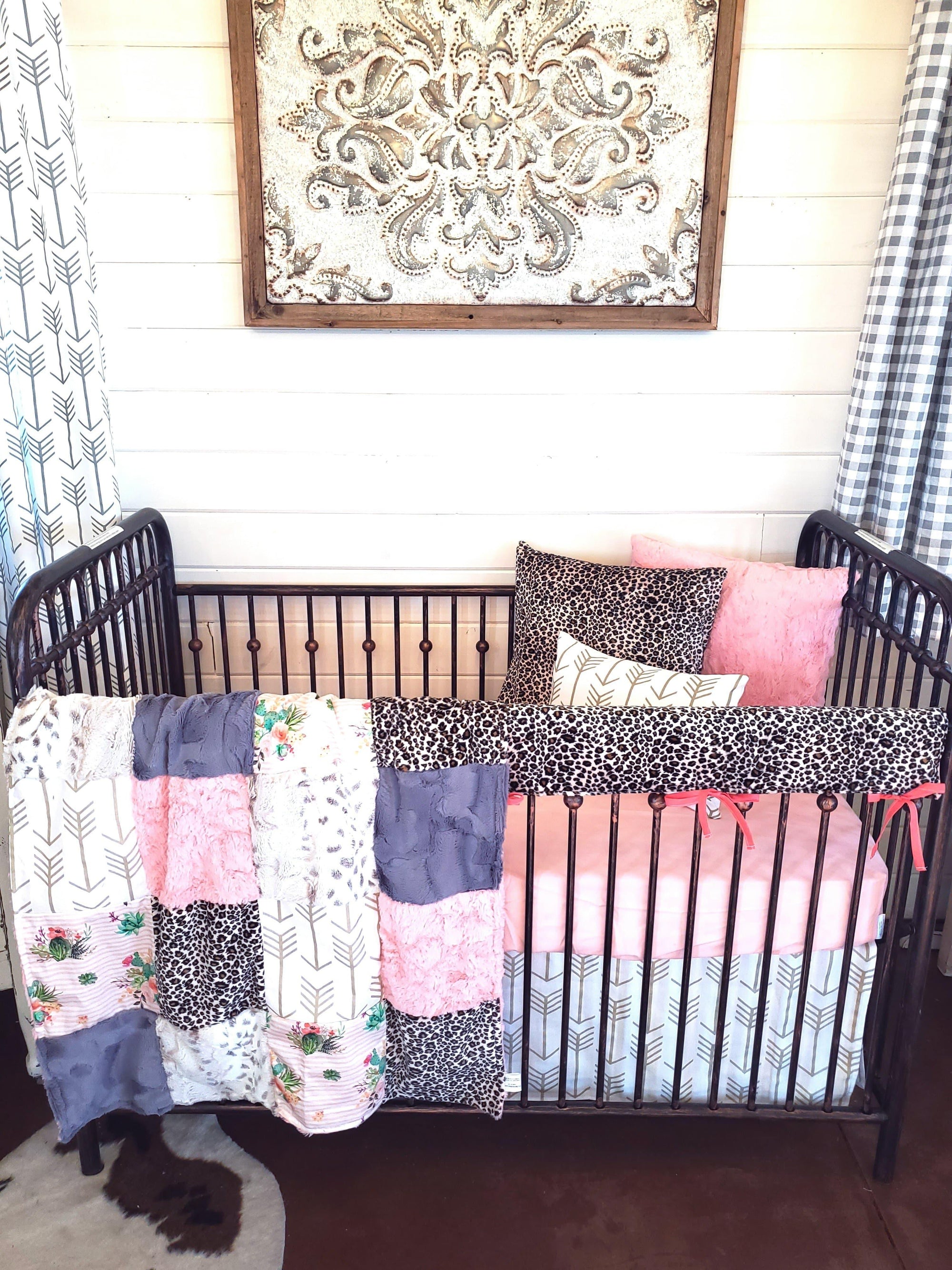 Custom Girl Crib Bedding - Cactus Stripe and Cheetah Nursery Collection - DBC Baby Bedding Co 