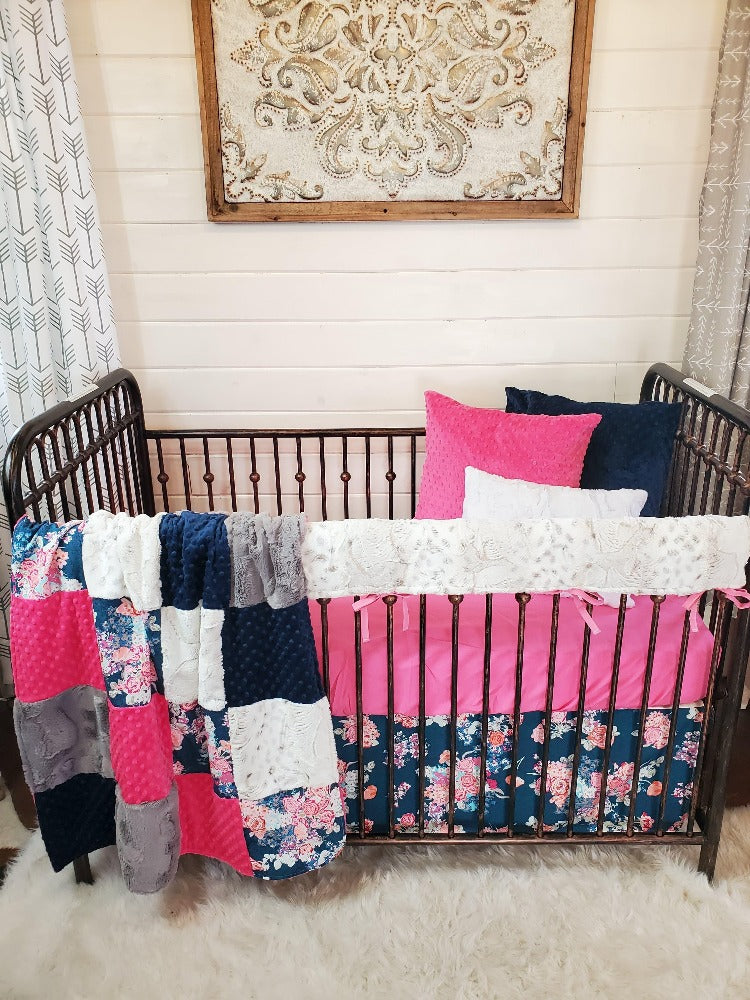 Ready Ship Girl Crib Bedding - Lynx Minky &amp; Floral Baby Bedding Collection - DBC Baby Bedding Co 