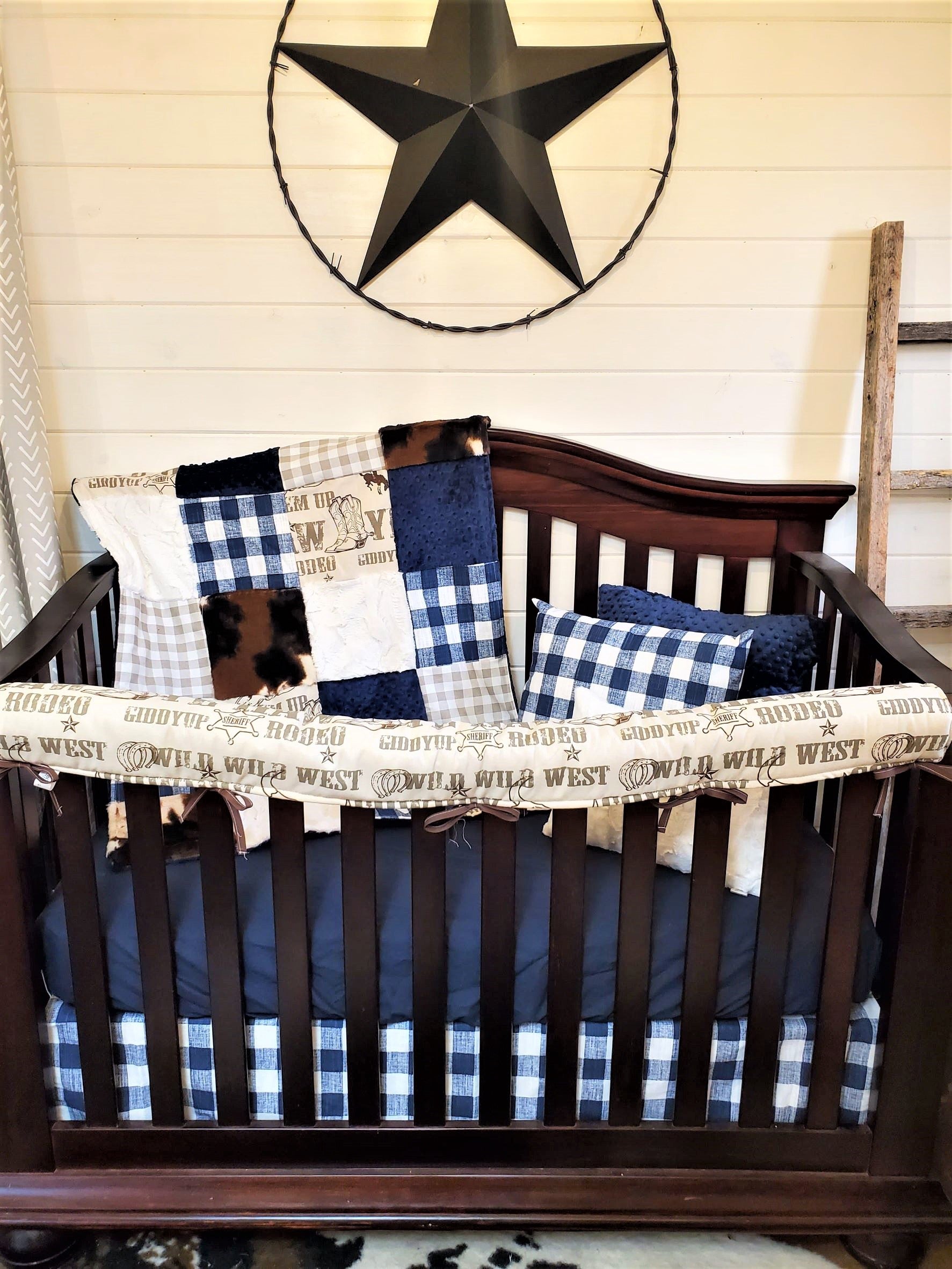 Ready Ship Boy Crib Bedding Cowboy and Denim Navy Check Western Baby Bedding Collection 3pc set