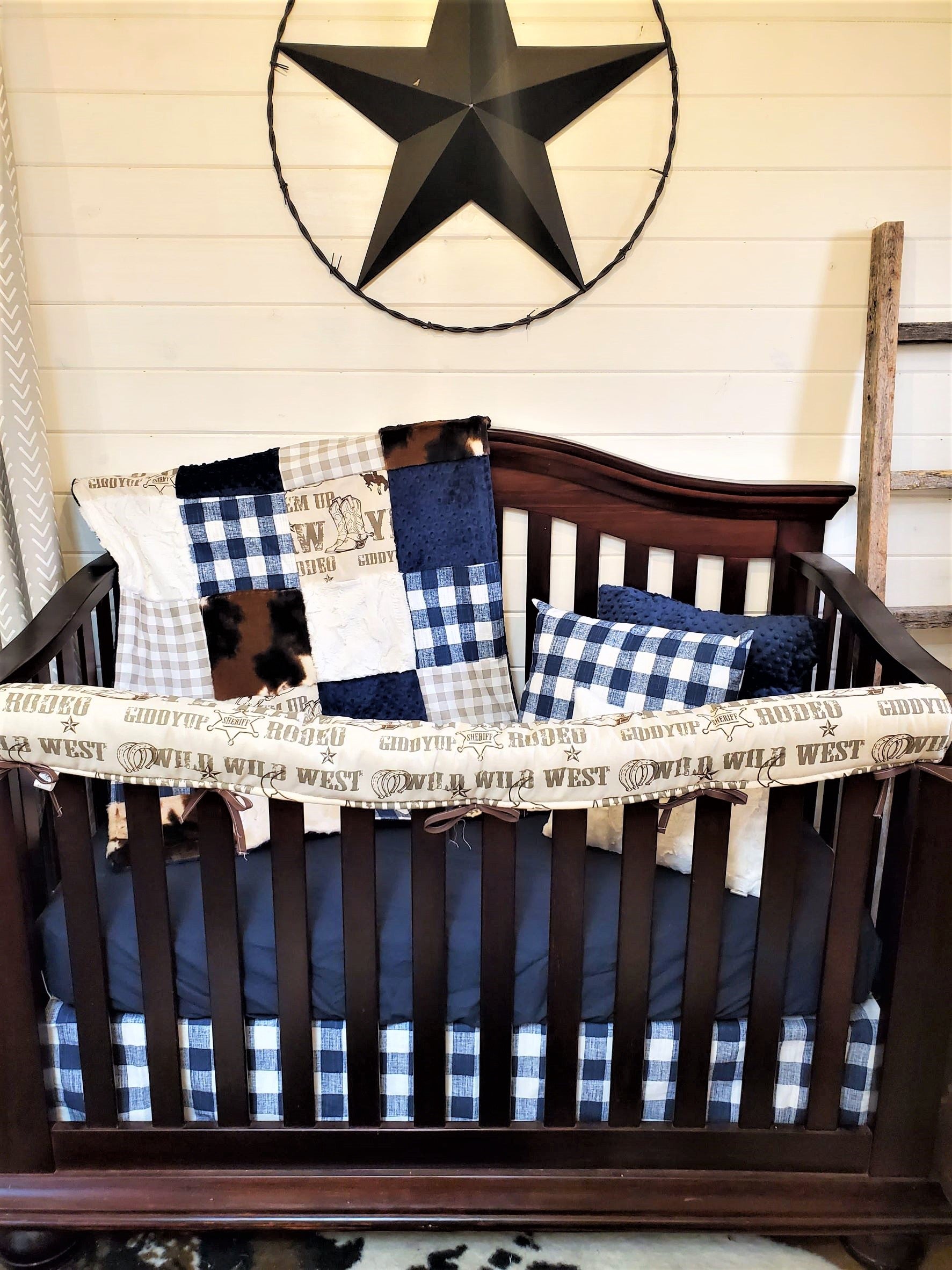Ready Ship Boy Crib Bedding- Cowboy and Denim Navy Check Collection - DBC Baby Bedding Co