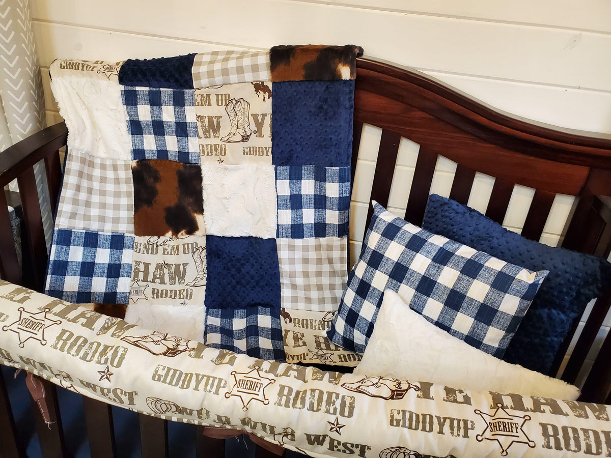 Ready Ship Boy Crib Bedding- Cowboy and Denim Navy Check Collection - DBC Baby Bedding Co 