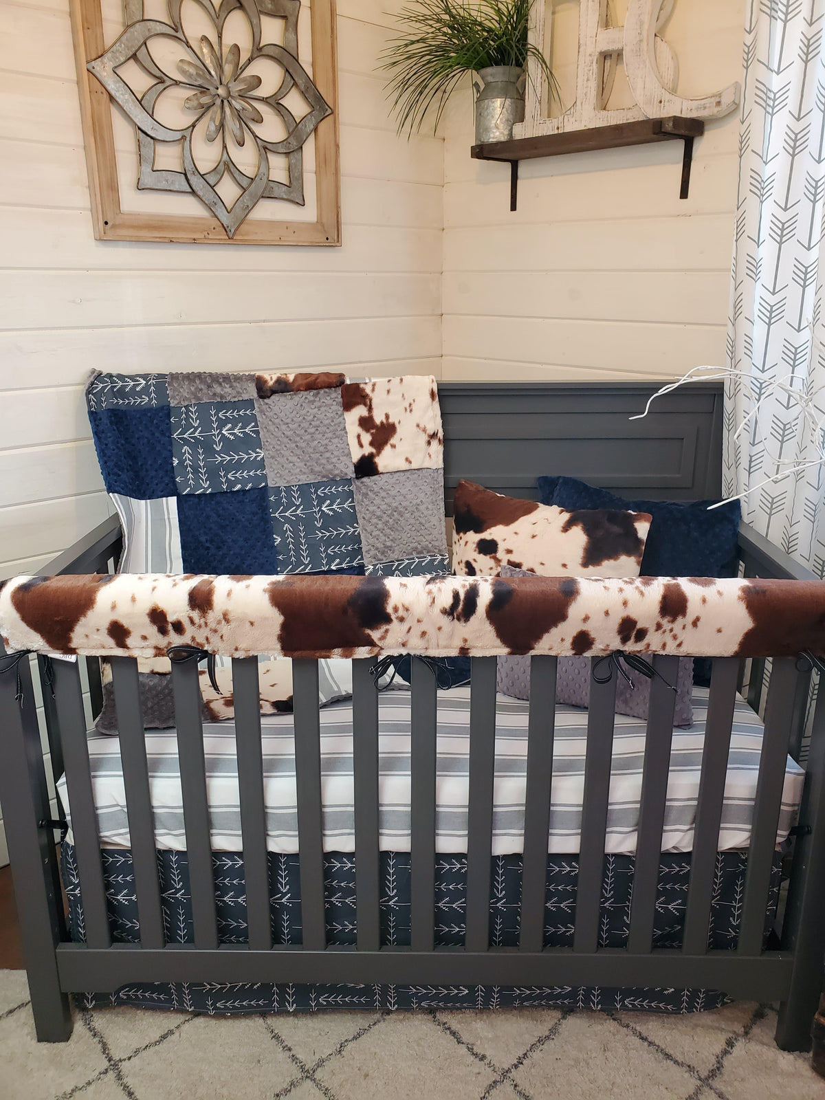 Boy Crib Bedding- Farmhouse Stripe and Cow Minky Farm Collection - DBC Baby Bedding Co 