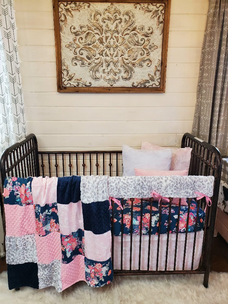 Ready Ship Girl Crib Bedding- Silver Jaguar Minky &amp; Navy Floral Crib Bedding Collection - DBC Baby Bedding Co 
