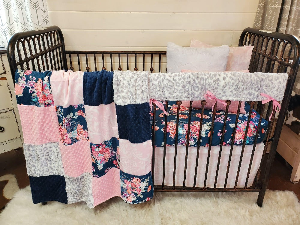 Ready Ship Girl Crib Bedding- Navy Floral and Silver Jaguar Minky Collection - DBC Baby Bedding Co 