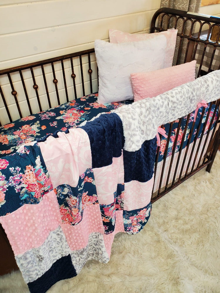 Ready Ship Girl Crib Bedding- Navy Floral and Silver Jaguar Minky Collection - DBC Baby Bedding Co 