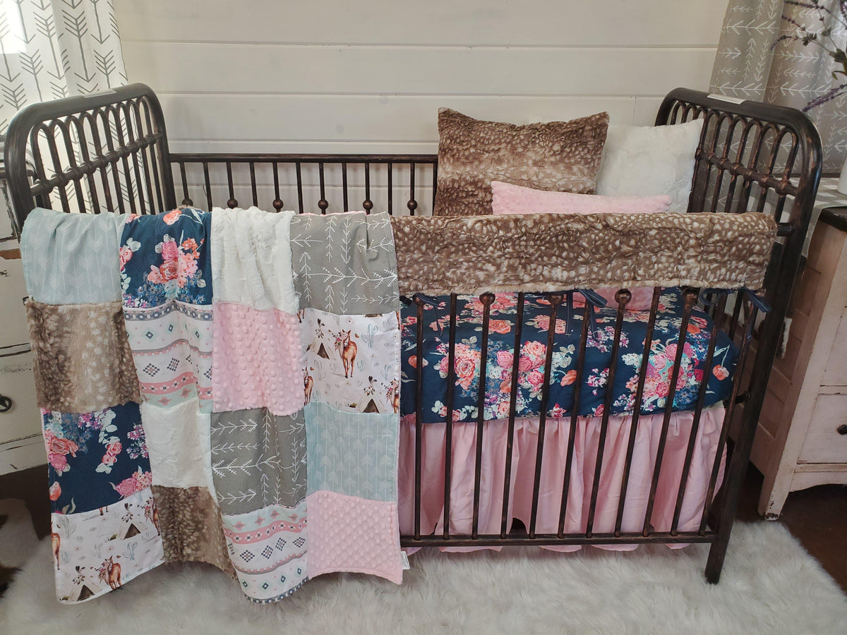 Girl Crib Bedding- Boho Horse, Aztec Stripe, and Navy Floral Ranch Collection - DBC Baby Bedding Co 
