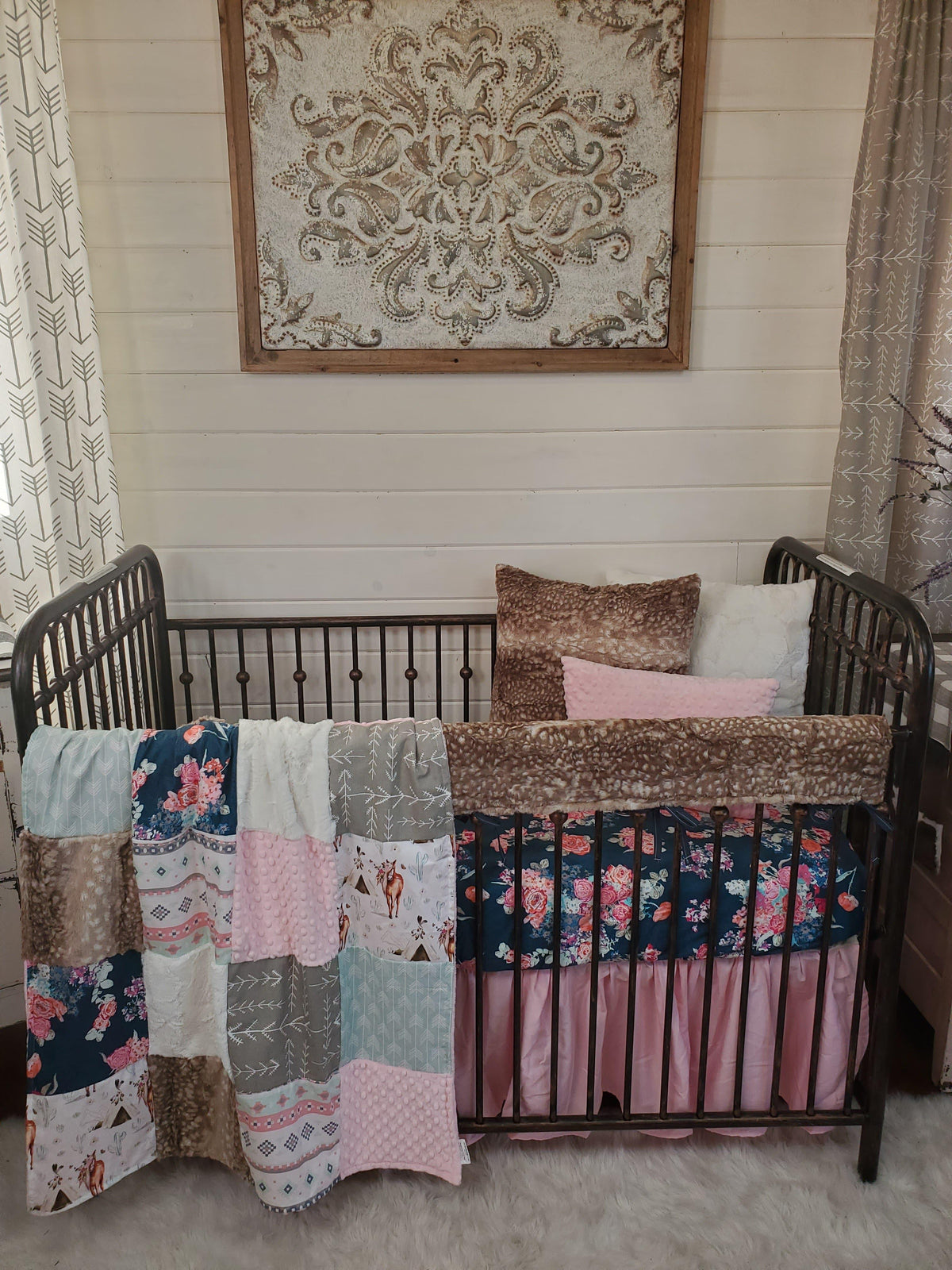 Girl Crib Bedding- Boho Horse, Aztec Stripe, and Navy Floral Ranch Collection - DBC Baby Bedding Co 