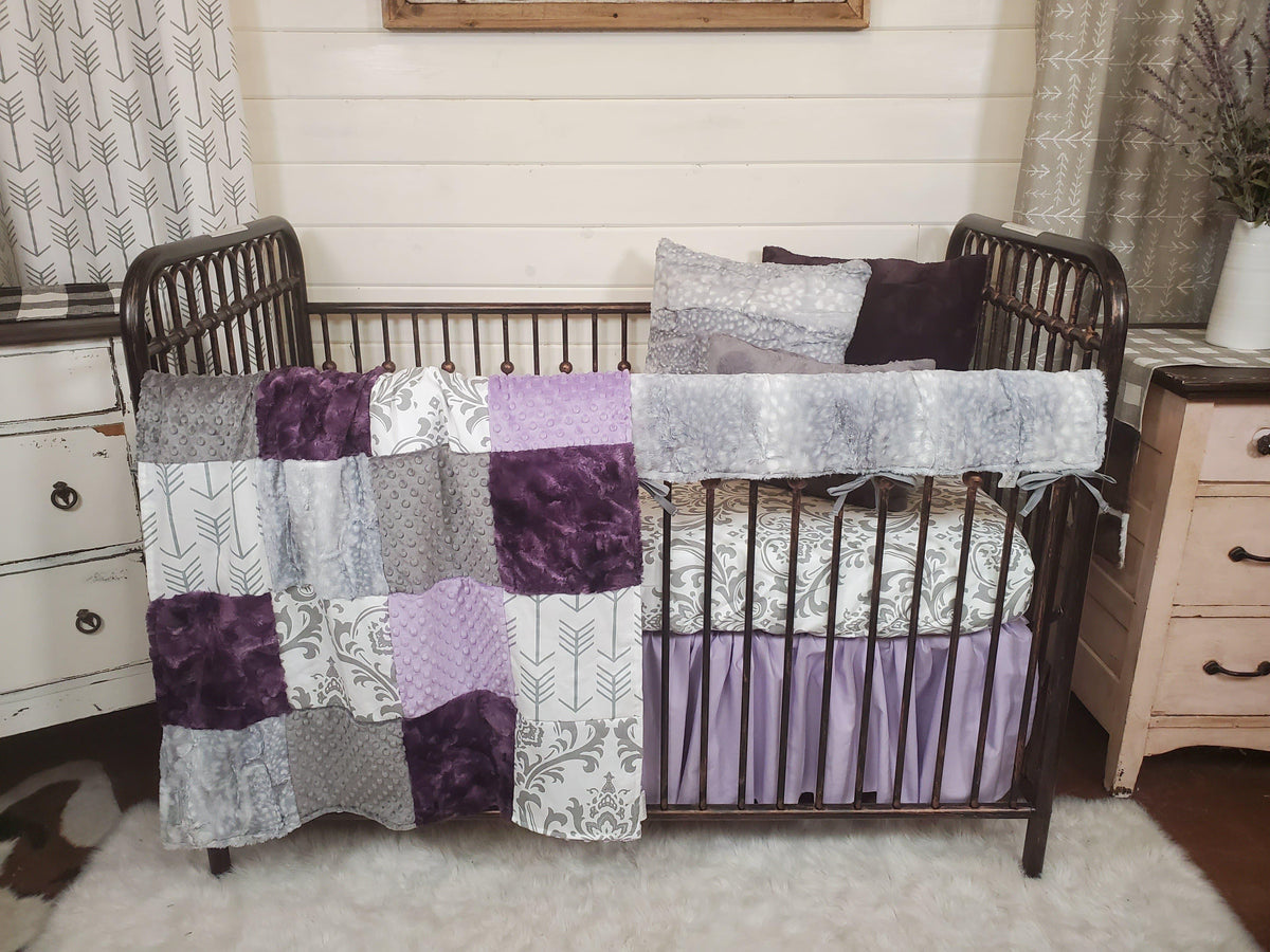 Girl Crib Bedding- Damask and Silver Fawn Minky Collection - DBC Baby Bedding Co 
