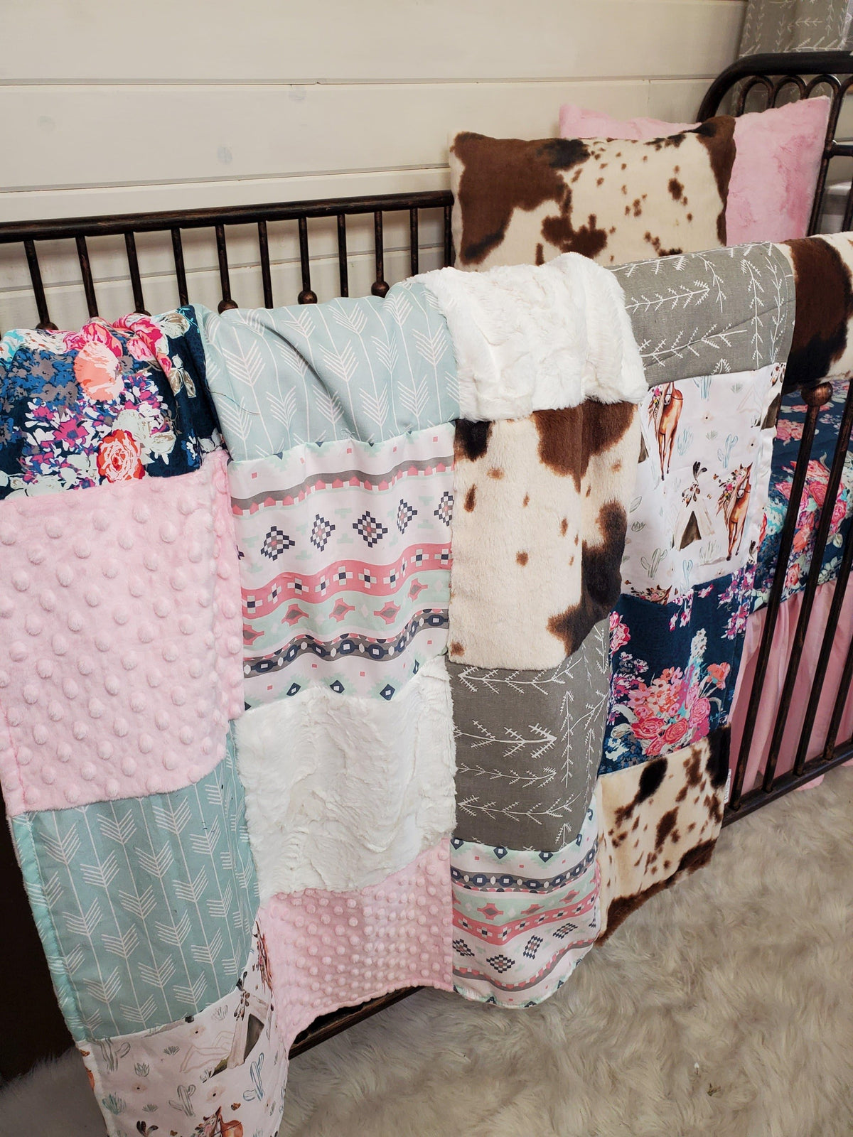 Girl Crib Bedding- Boho Horse and Cow Minky Collection - DBC Baby Bedding Co 