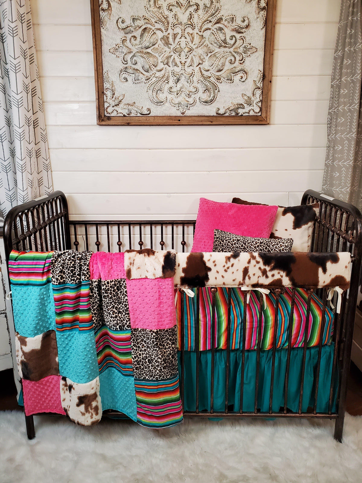 Girl Crib Bedding- Serape, Cheetah, and Cow Minky Collection - DBC Baby Bedding Co 