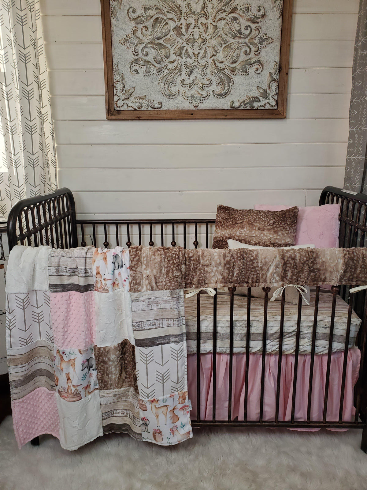 Girl Crib Bedding- Floral Woodland Animals and Fawn Minky Woodland Collection - DBC Baby Bedding Co 