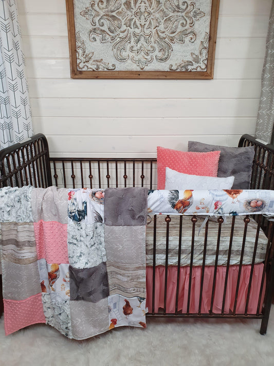 Girl Crib Bedding- Chicken Minky Farm Collection - DBC Baby Bedding Co 