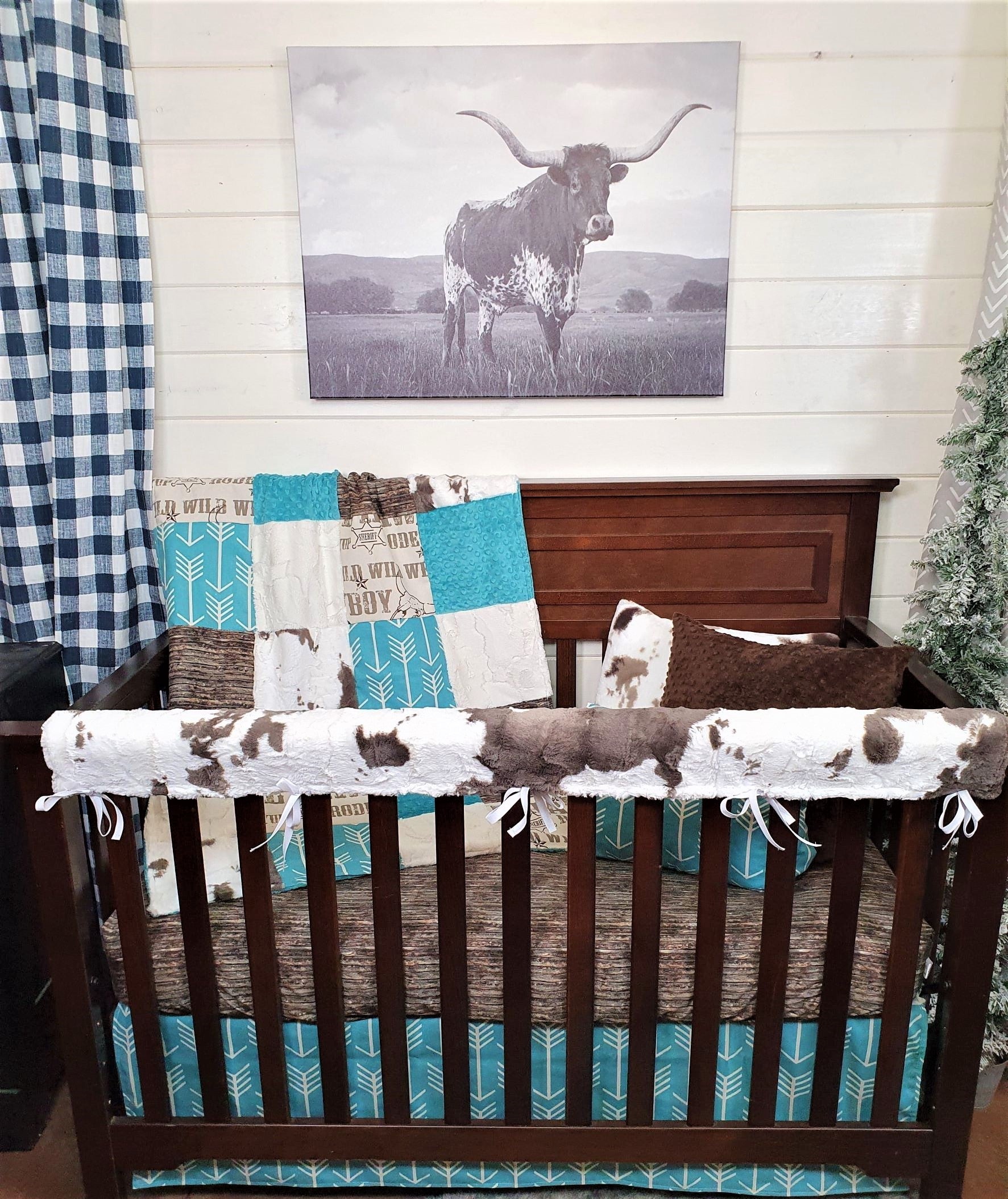 Ready Ship Boy Crib Bedding Cowboy and Brownie Calf Minky Western Baby Bedding Collection 3pc set