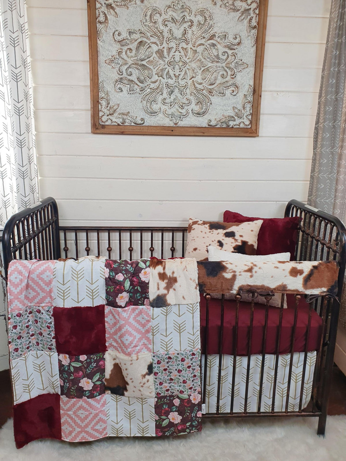 Custom Girl Crib Bedding - Wine Floral and Cow Minky Nursery Collection - DBC Baby Bedding Co 