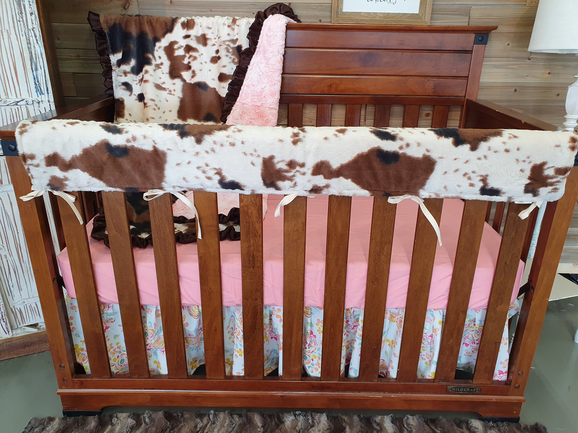 Girl Crib Bedding- Cream Floral and Cow Minky Western Baby Bedding Collection - DBC Baby Bedding Co 