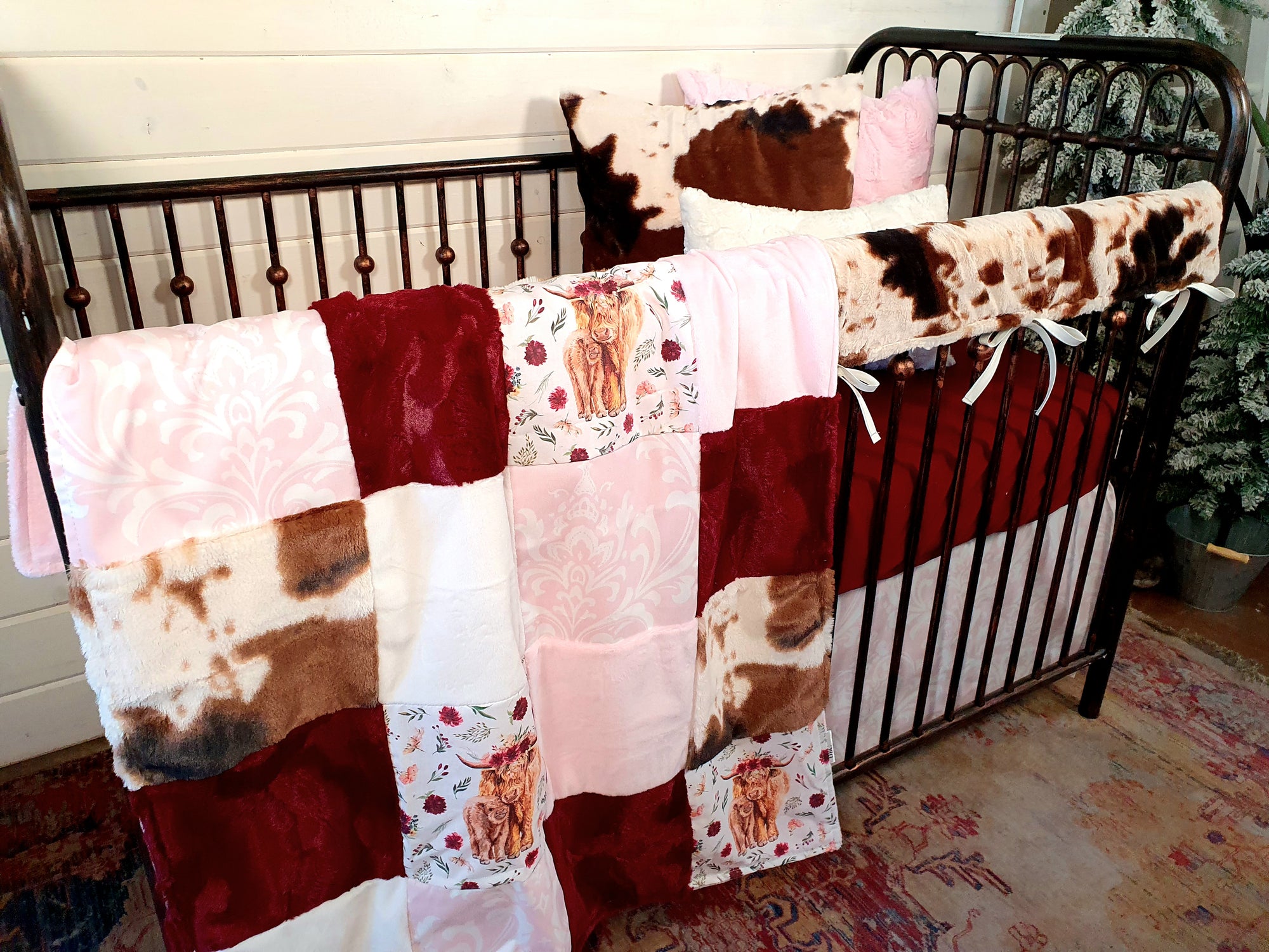 New Release Girl Crib Bedding- Floral Highland Cows Baby Bedding Collection - DBC Baby Bedding Co 