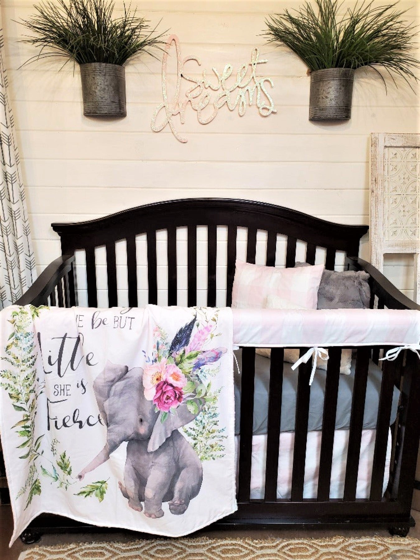 Custom Girl Crib Bedding Boho Elephant and Blush Check Baby Bedding DBC Baby Bedding Co