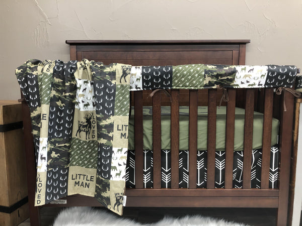 Custom Boy Crib Bedding- Deerly Loved, Camo Woodland Nursery Crib Bedding  Collection