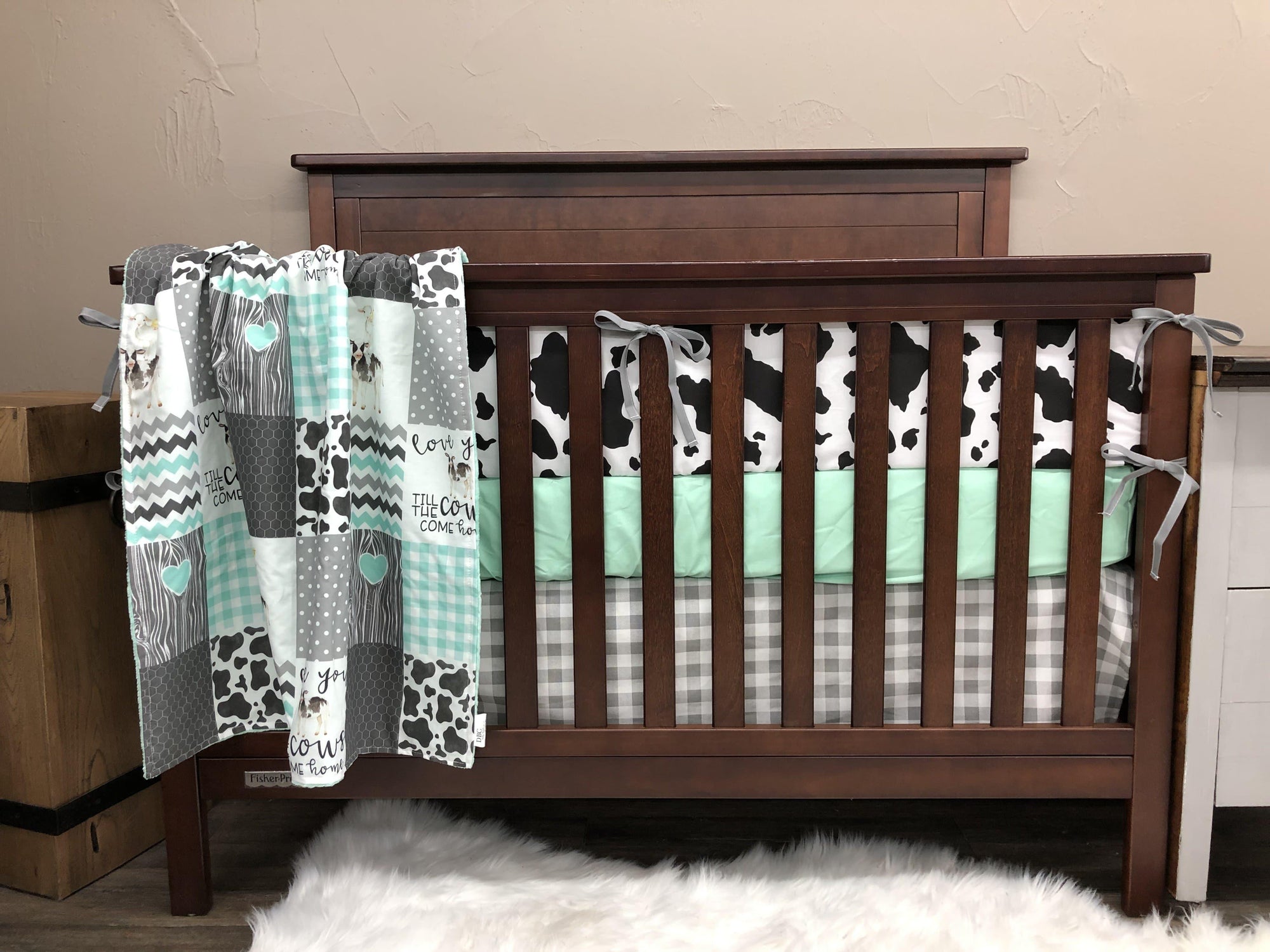 Custom Neutral Crib Bedding - Cows Come Home in Mint Farm Baby Bedding Collection - DBC Baby Bedding Co 
