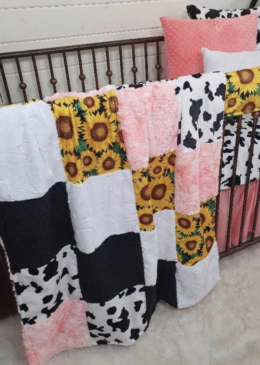 Twin, Full, or Queen Patchwork Blanket - Sunflower and Black White Cow Farm Blanket - DBC Baby Bedding Co 