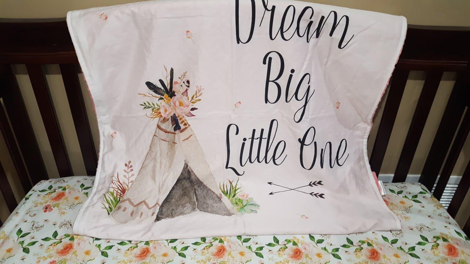 Standard Blanket - Dream Big Little One Teepee and Peach Crushed Minky Boho Blanket - DBC Baby Bedding Co 