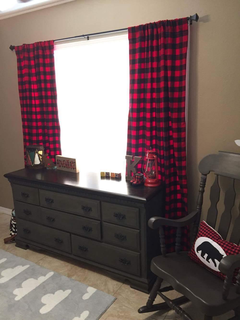 Curtain Panels or Valance - Check in Red black buffalo check - DBC Baby Bedding Co 