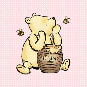 Baby Lovey - Pooh Bear on Pink and brown minky with ivory satin ruffle - DBC Baby Bedding Co 
