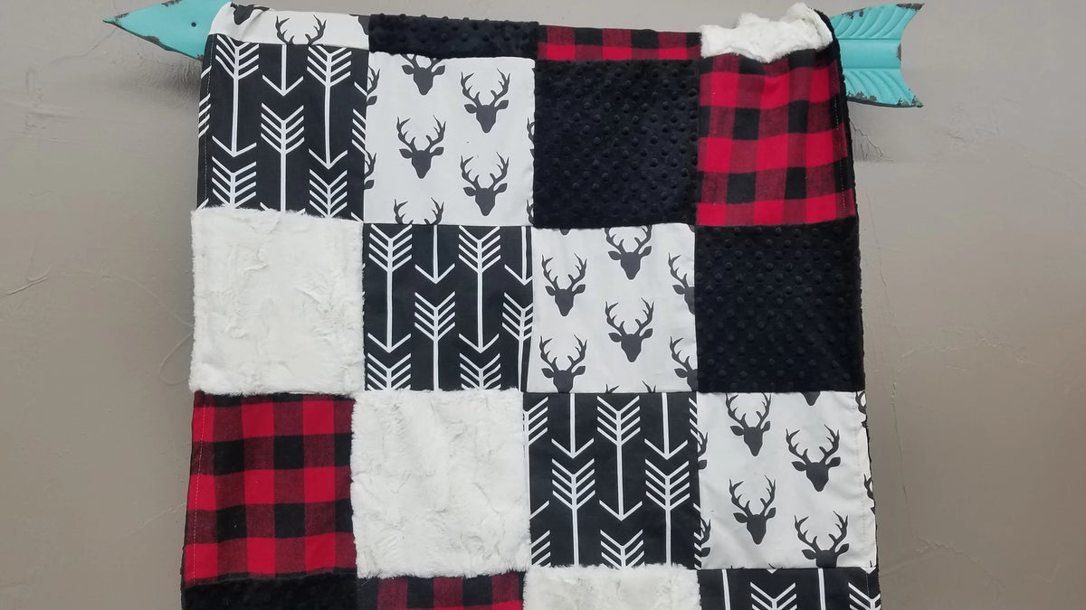Twin, Full, or Queen Patchwork Blanket - Buck, Red Black Check, Woodland Blanket - DBC Baby Bedding Co 