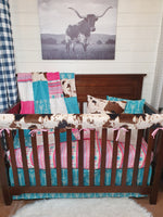 Girl Crib Bedding- Pink Aztec, Teal Arrow, Cow Minky Western Baby Bedding Collection - DBC Baby Bedding Co 