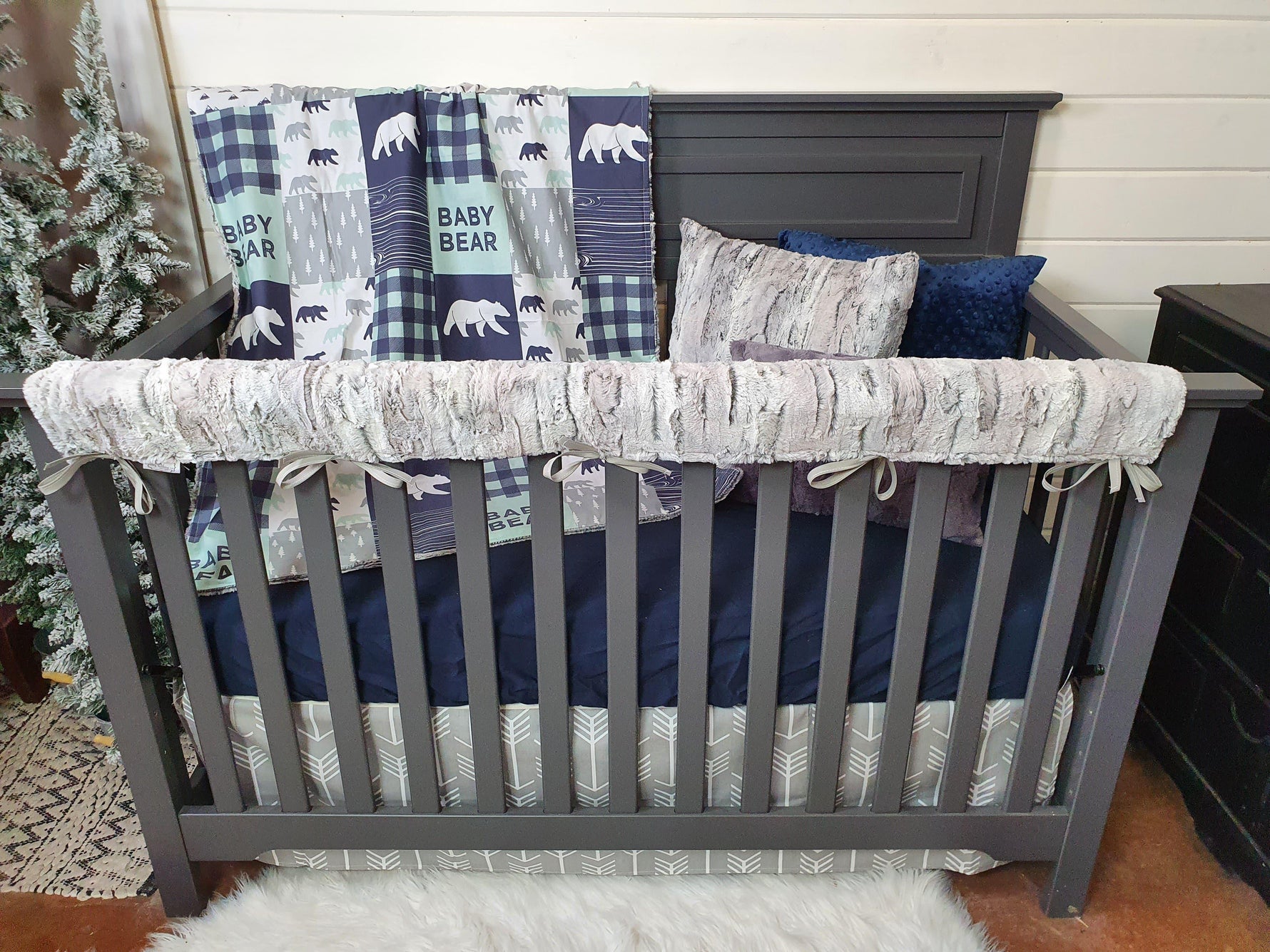 New Release Boy Crib Bedding- Baby Bear and Silver Fox Minky Woodland Baby Bedding Collection - DBC Baby Bedding Co 