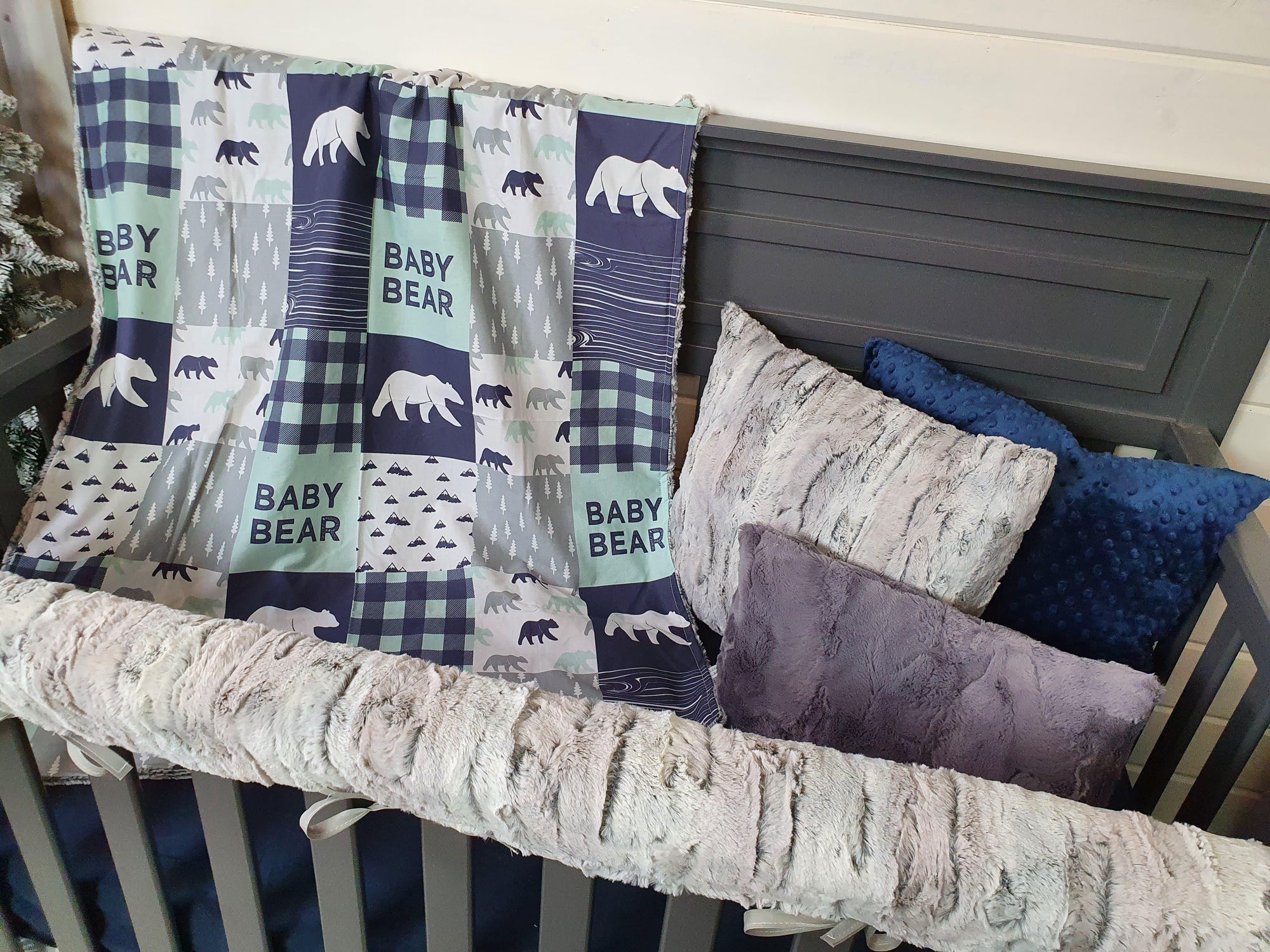 New Release Boy Crib Bedding- Baby Bear and Silver Fox Minky Woodland Baby Bedding Collection - DBC Baby Bedding Co 