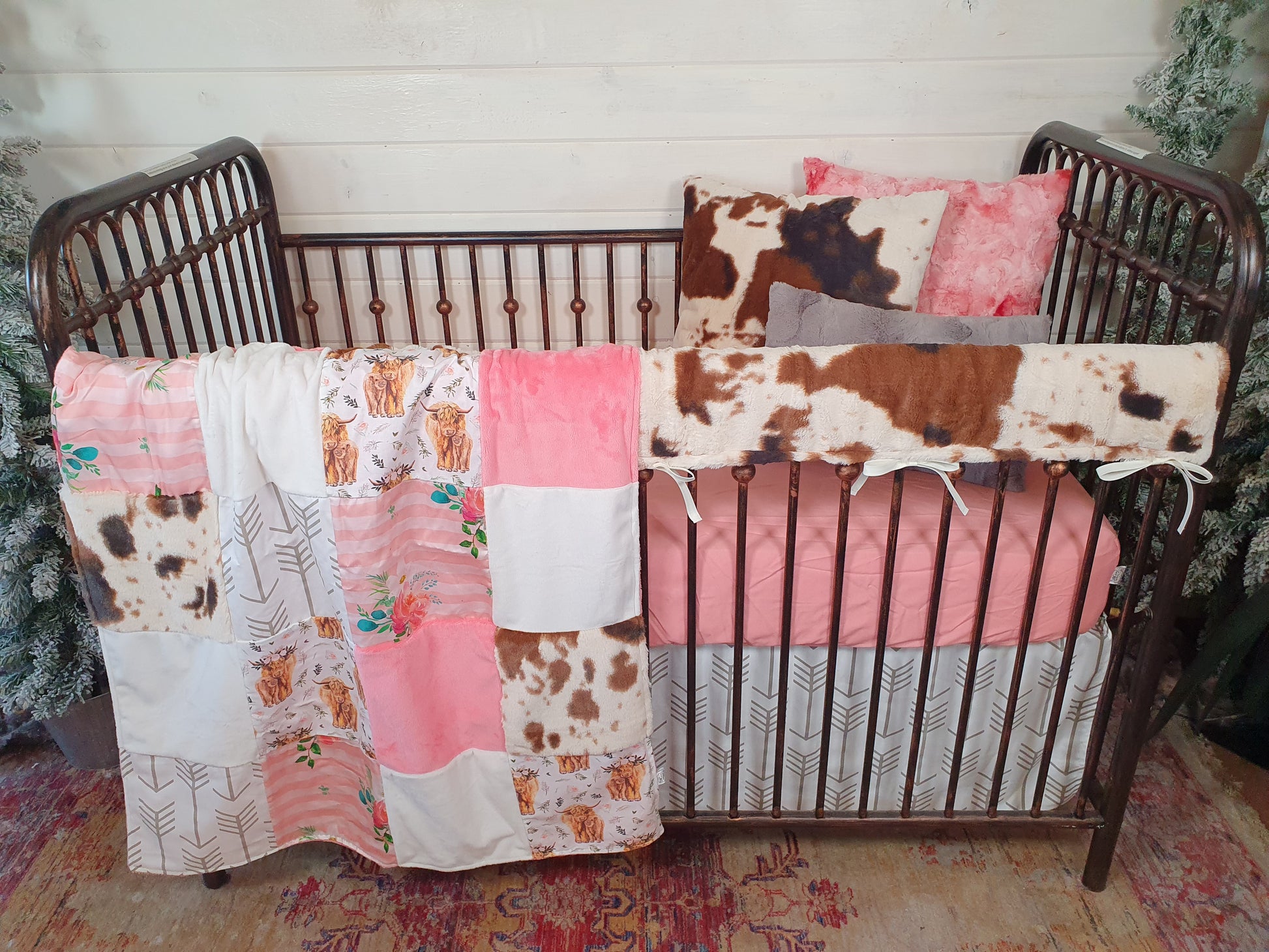 New Release Girl Crib Bedding- Floral Highland Cows Baby Bedding Collection - DBC Baby Bedding Co 