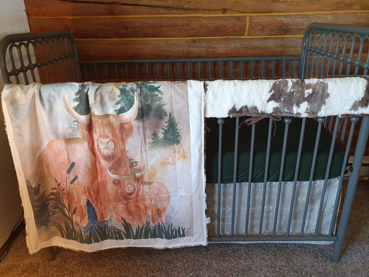 Custom Boy Crib Bedding- Field Highland Cows Baby Bedding &amp; Nursery Collection - DBC Baby Bedding Co 